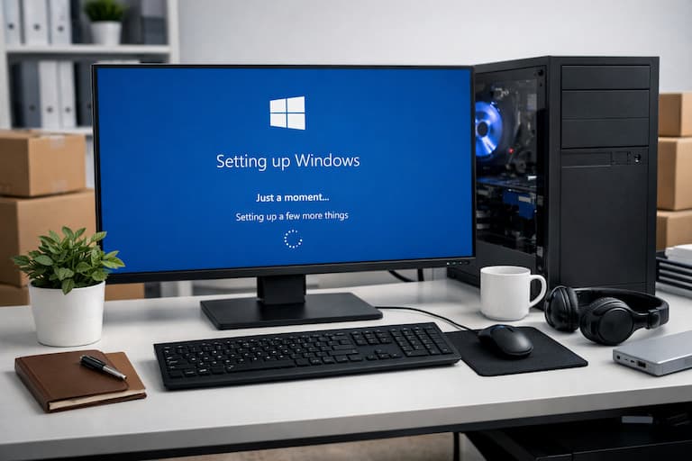 A new office PC being set up, showing the Windows setup screen on the monitor