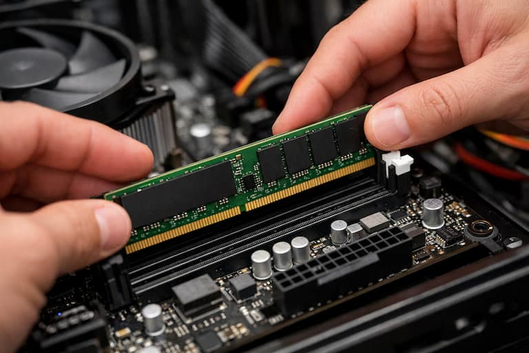Hands fitting a new stick of memory into a desktop PC during an upgrade